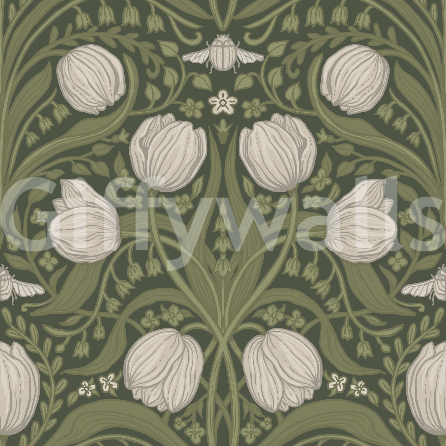 Retro Nouveau Tulips in orange and teal Wallpaper