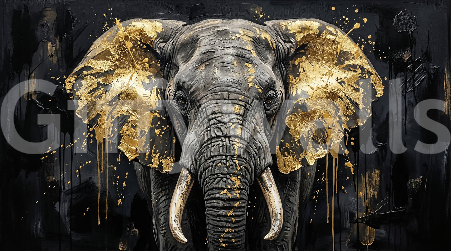 Golden Elephant wall mural with black backdrop and gold-flecked ears