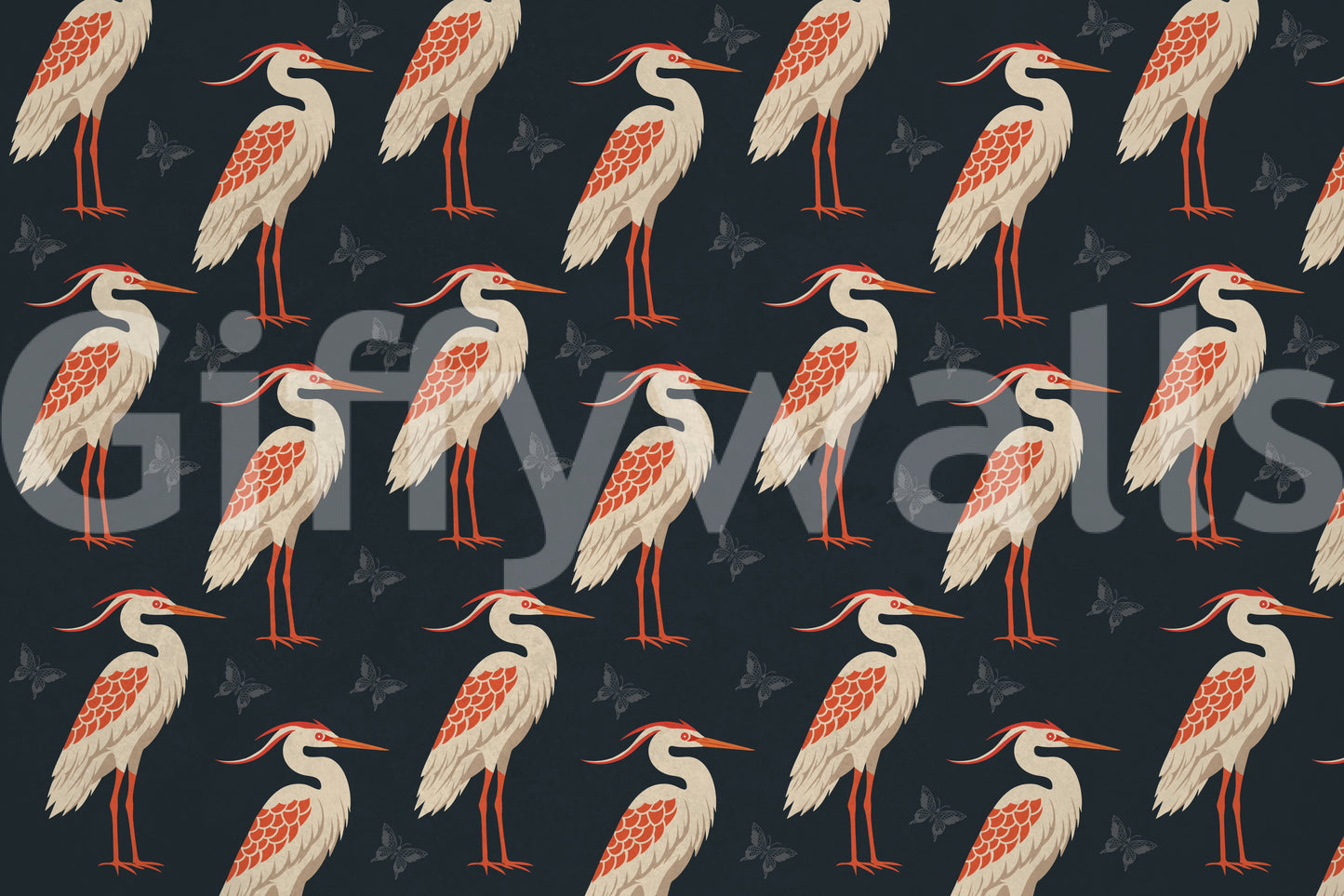 Navy Heron & Butterflies Wall Mural