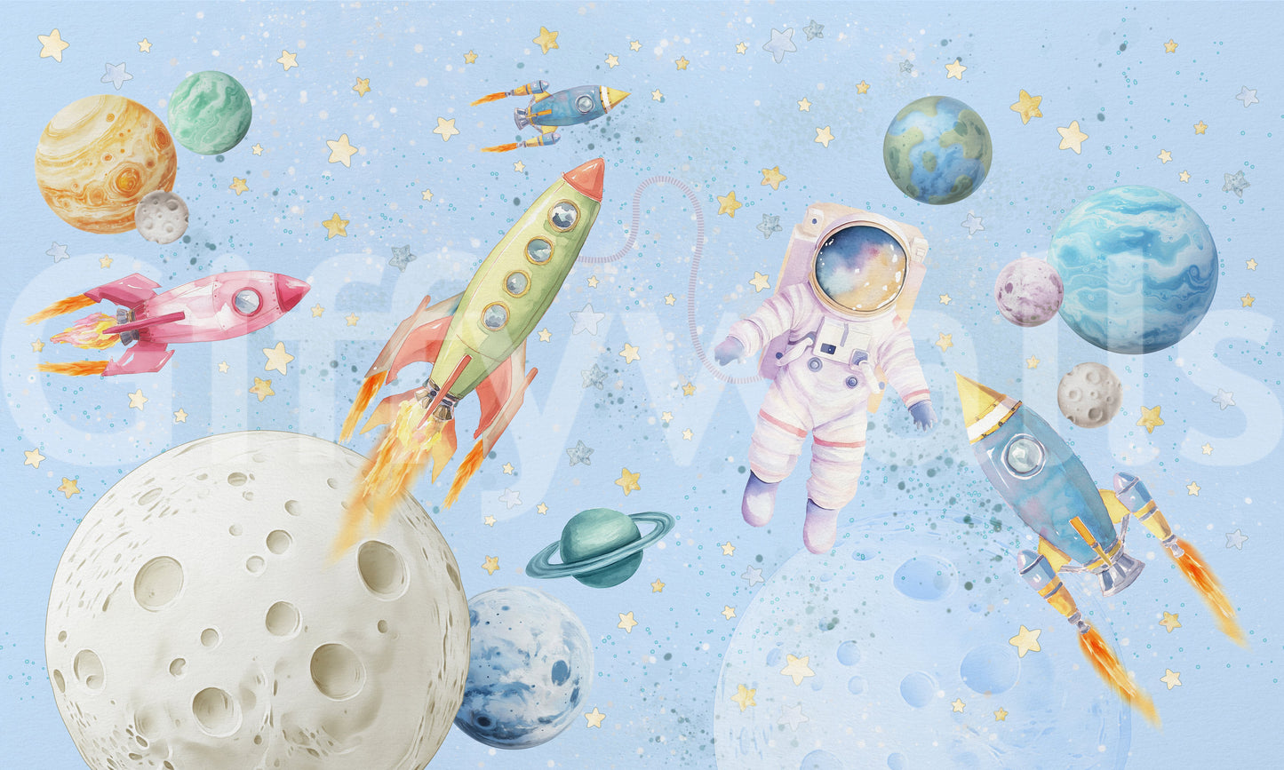 Watercolor Space Adventure Light Blue Wall Mural