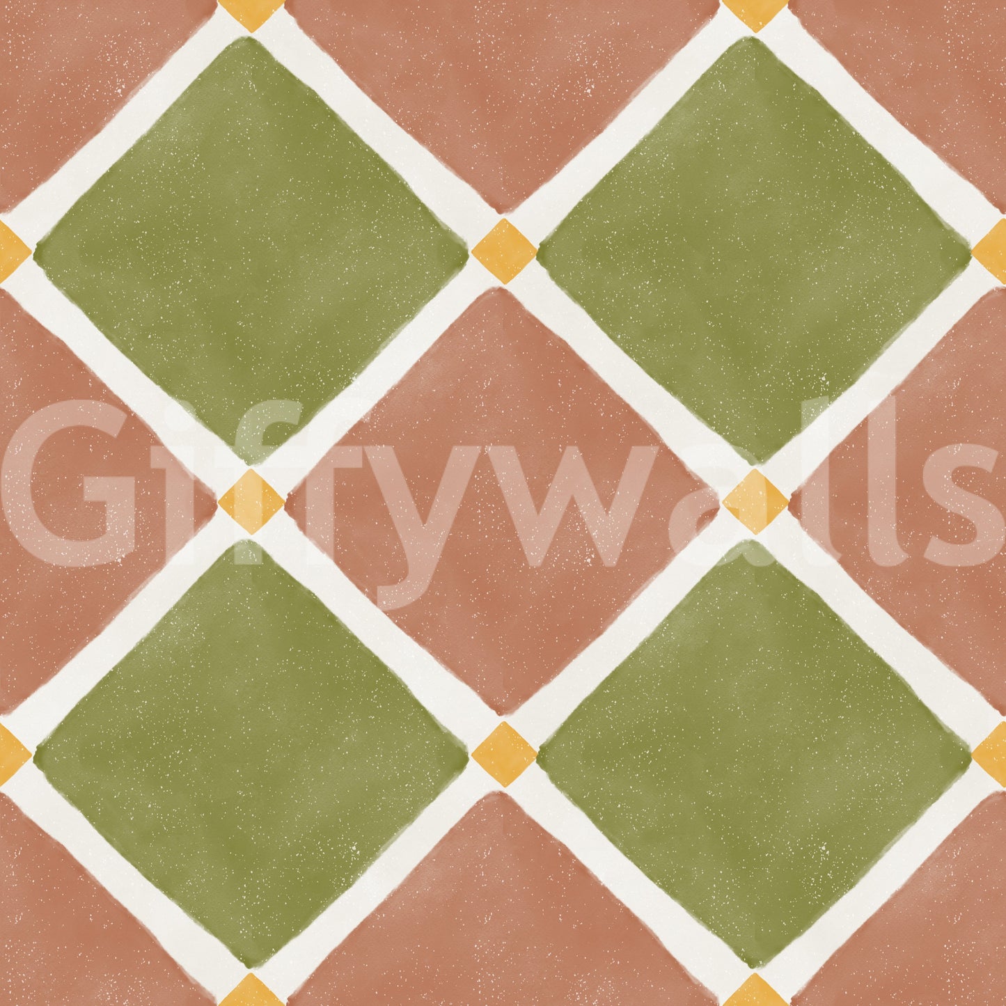 Mediterranean Rustic Checkerboard Aged Decoration - Terracotta - Olive Wallpaper