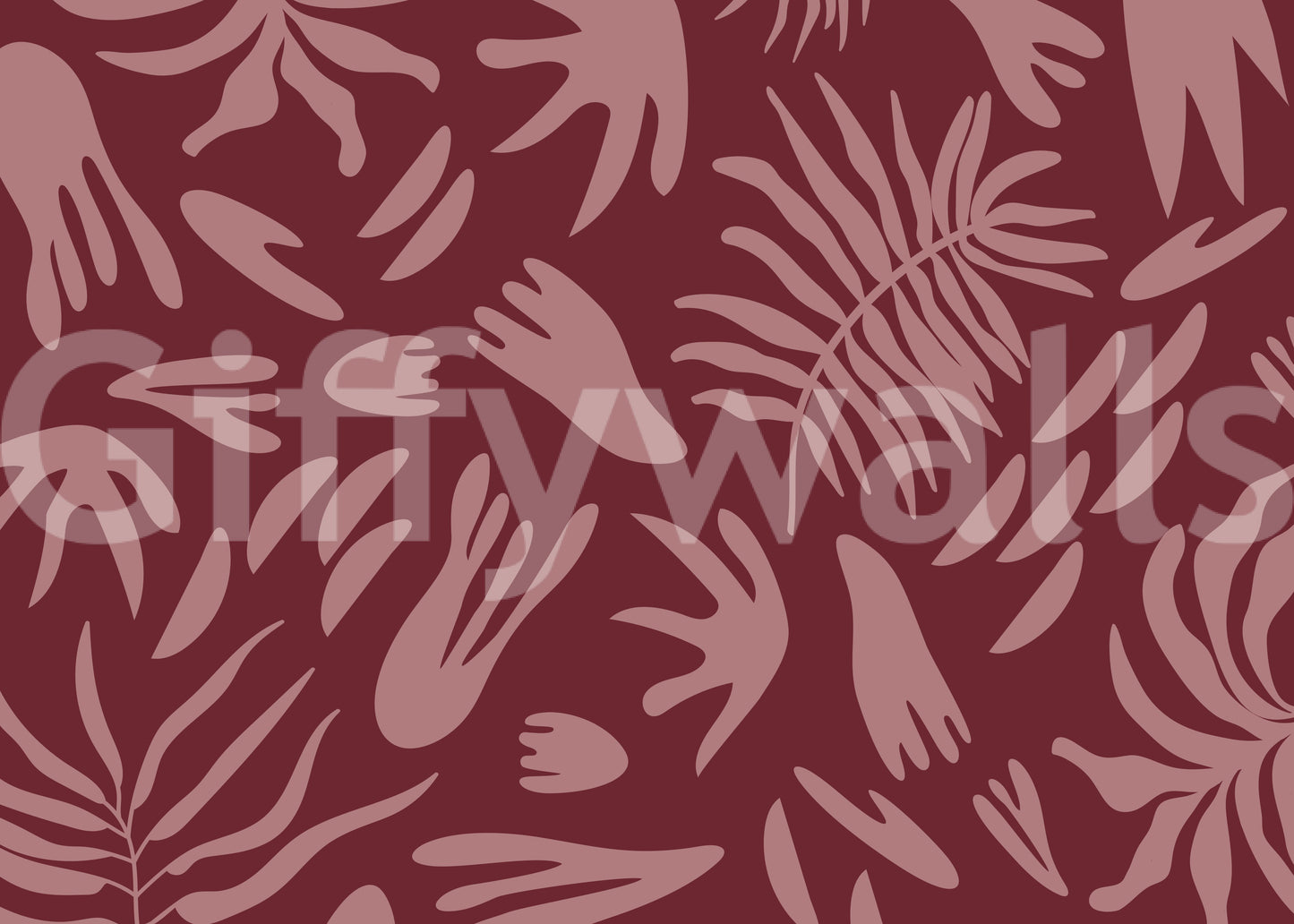 Maroon bloom wall mural with abstract foliage and smooth visual flow