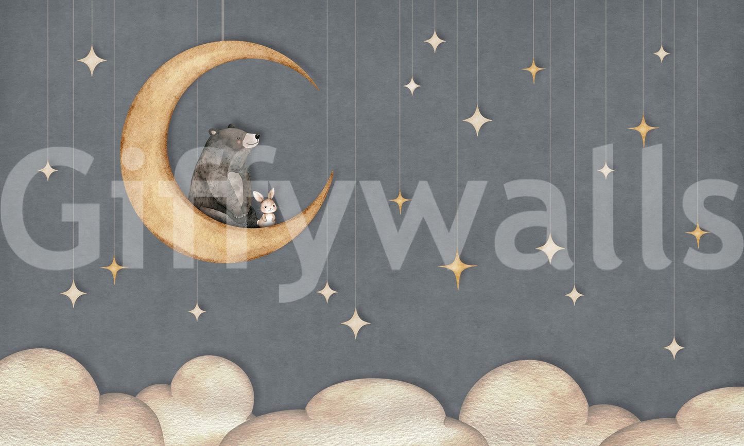 Soft night wall mural with animal characters and cloud textures