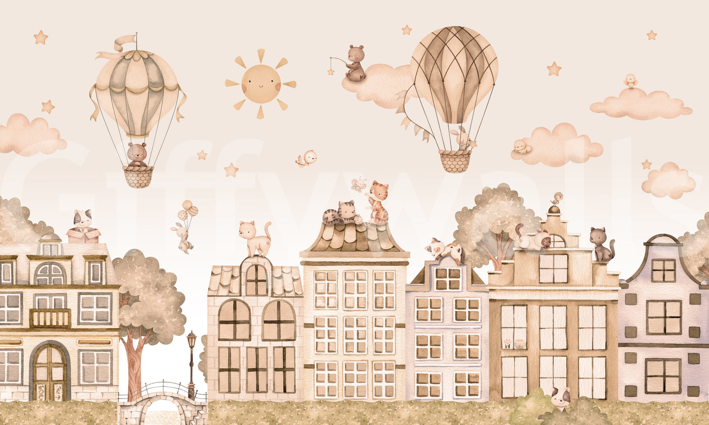 Minimal city wall mural with cats and soft neutral architectural elements