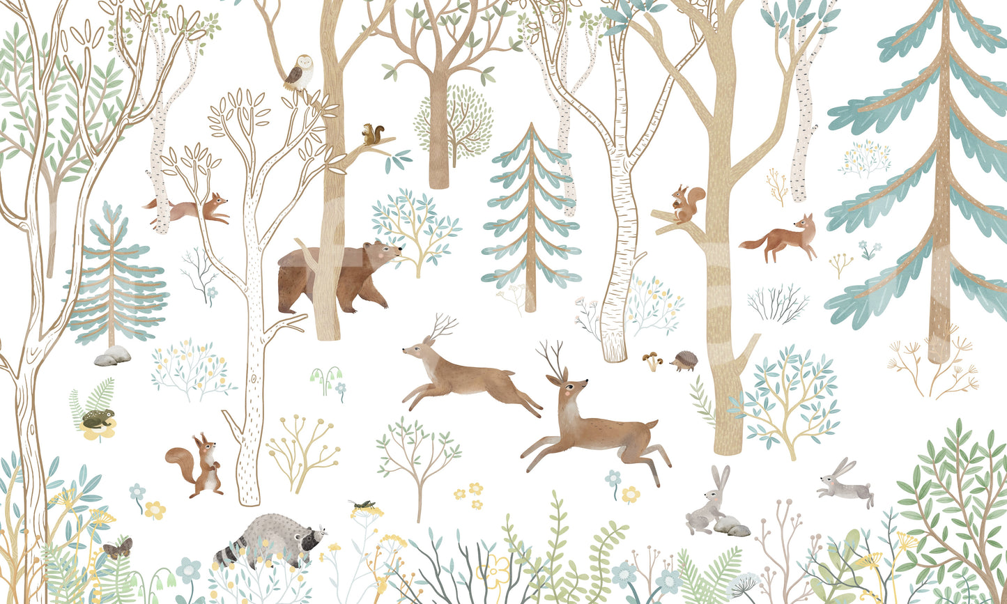 Frisky Forest Blue wall mural with illustrated forest scene and soft earthy tones