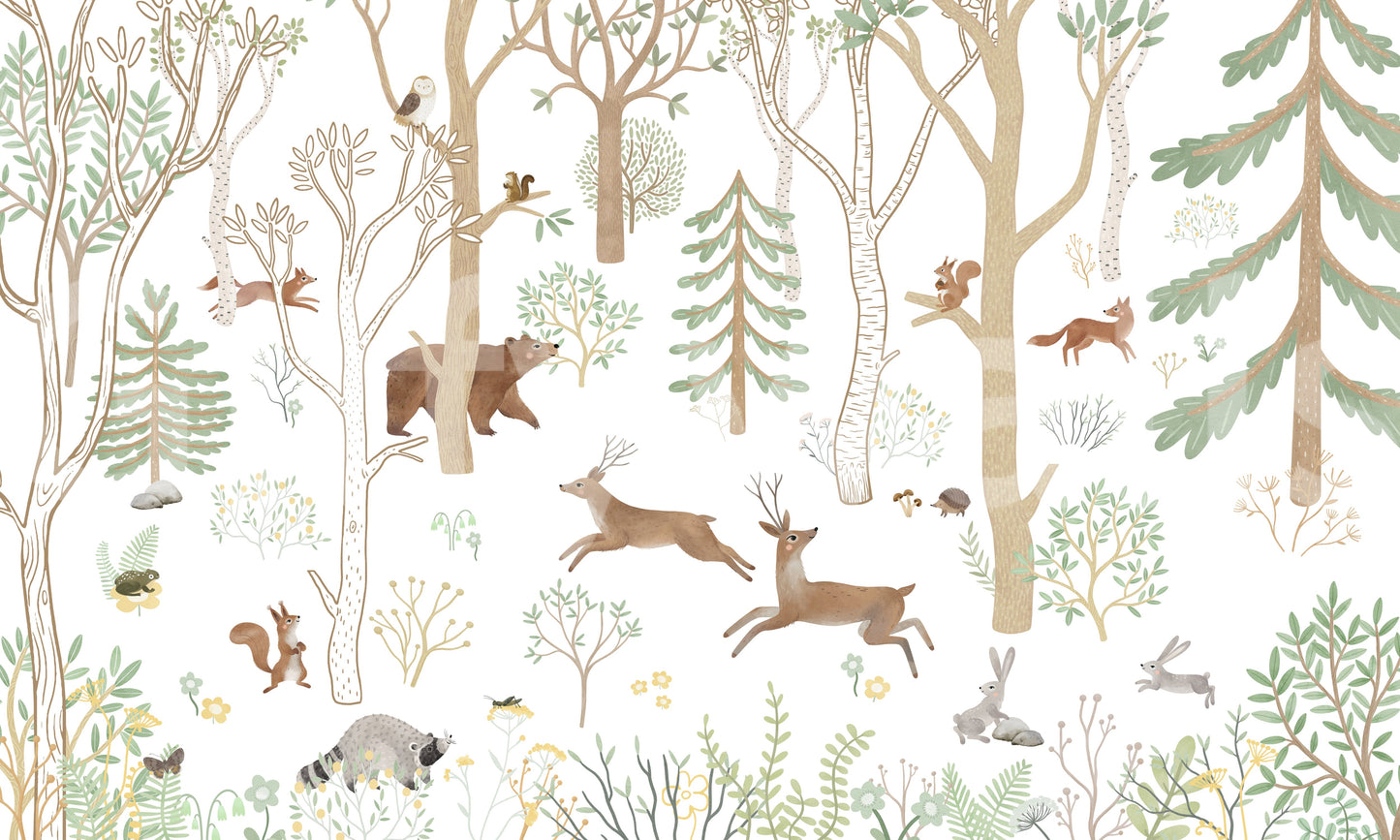 Frisky Forest Green wall mural with illustrated forest scene and soft earthy tones