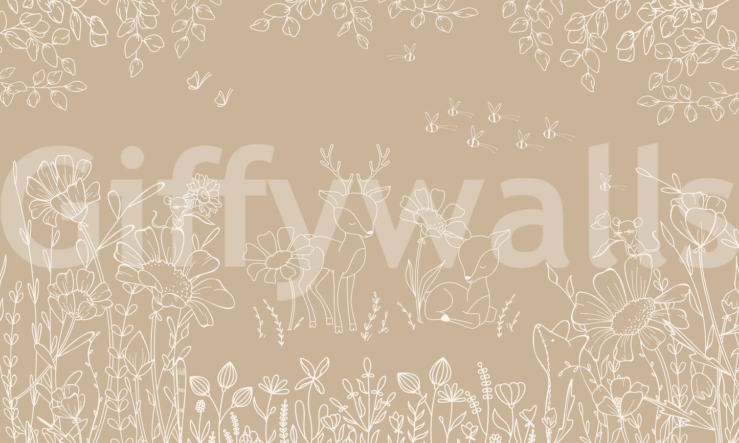 Brown woodland wall mural featuring deer sketches and delicate floral elements