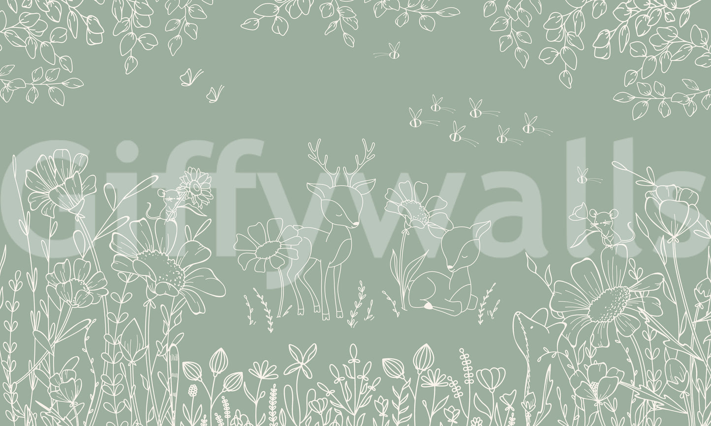 Green floral wall mural with woodland animals and fine outline illustration style