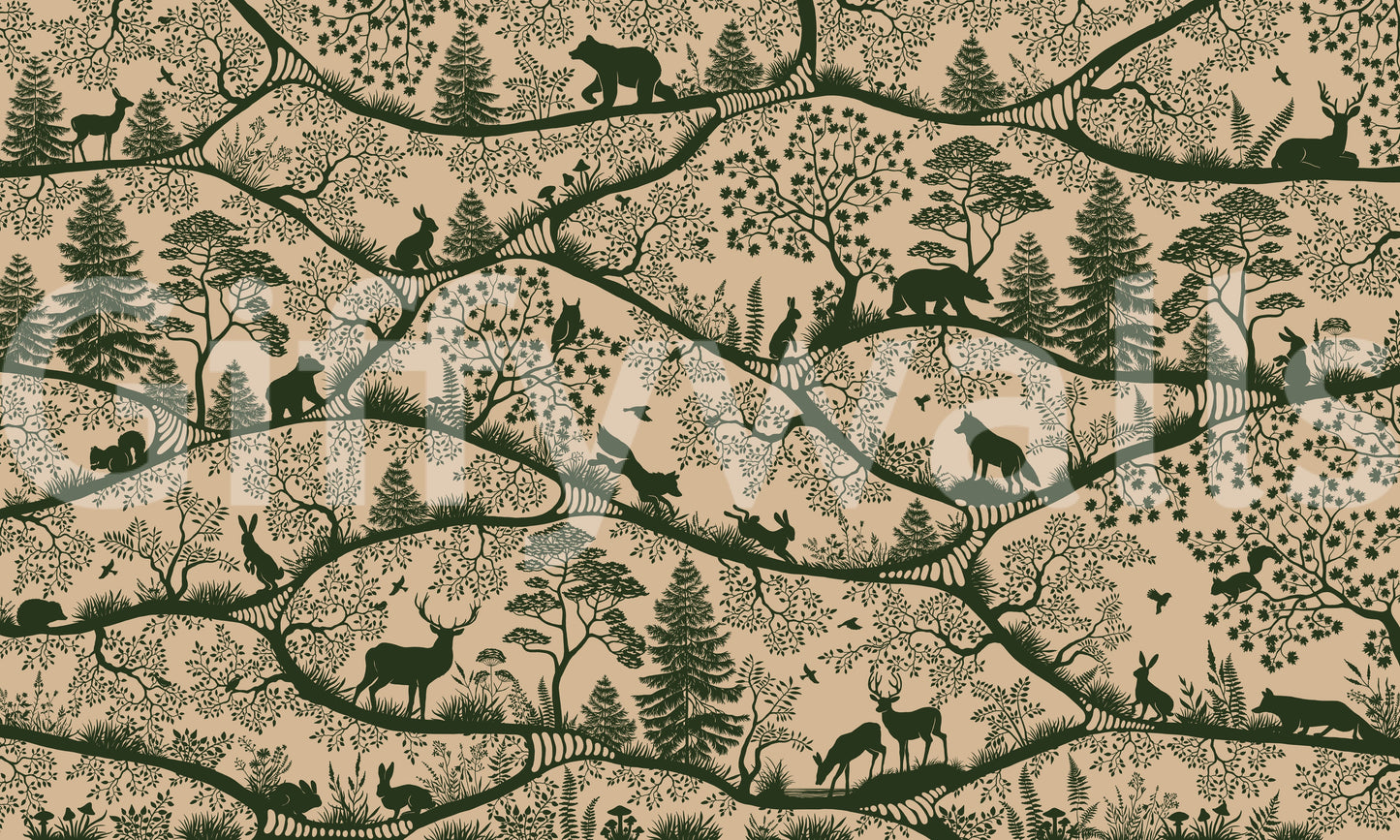Nordic woodland animals wall mural layered trees beige green pattern
