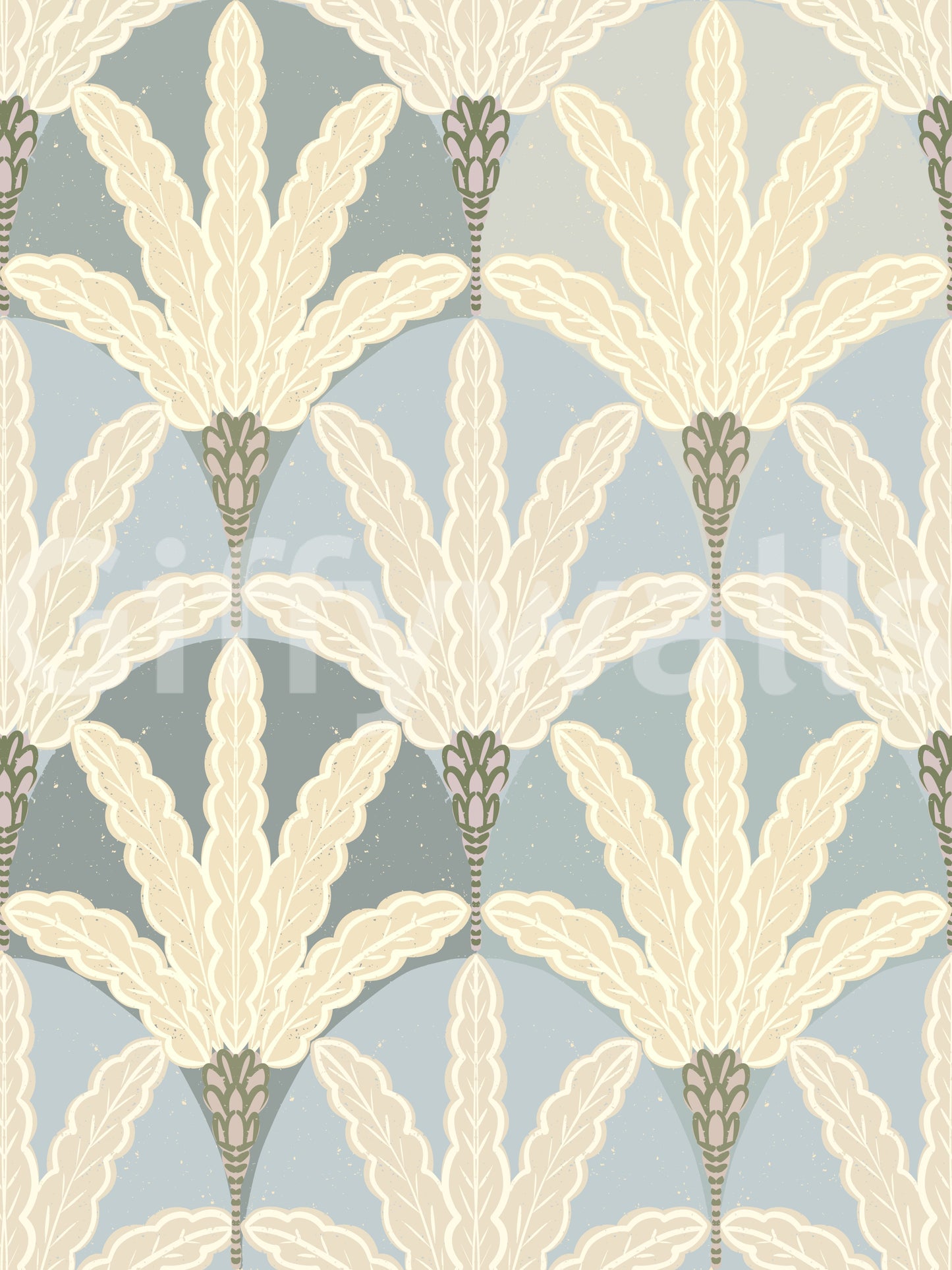 Serene deco foliage wallpaper with cream leaf motifs in soft art deco symmetry