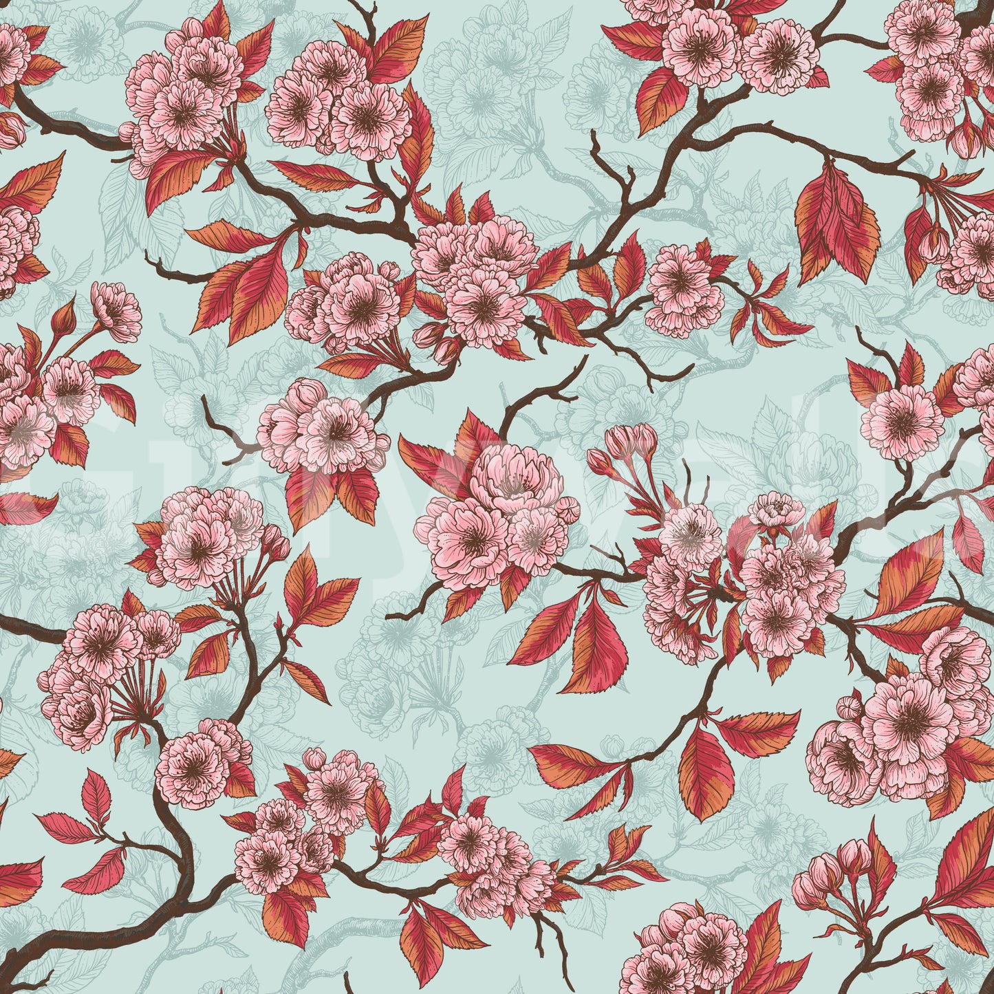 Cherry Blossom on Sea Glass wallpaper with warm leaf accents