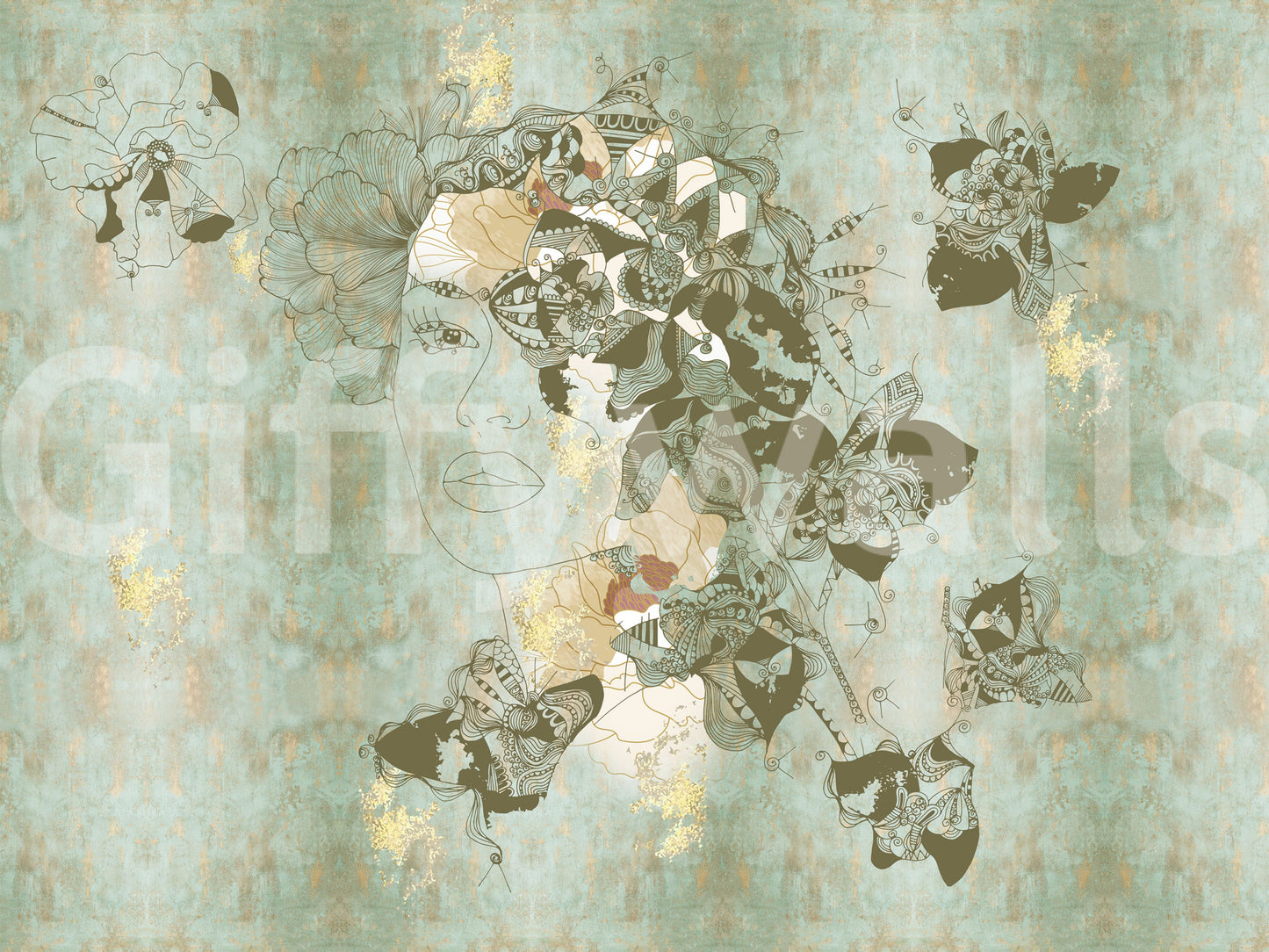 Vintage Blue Floral Woman Portrait wall mural with intricate patterns