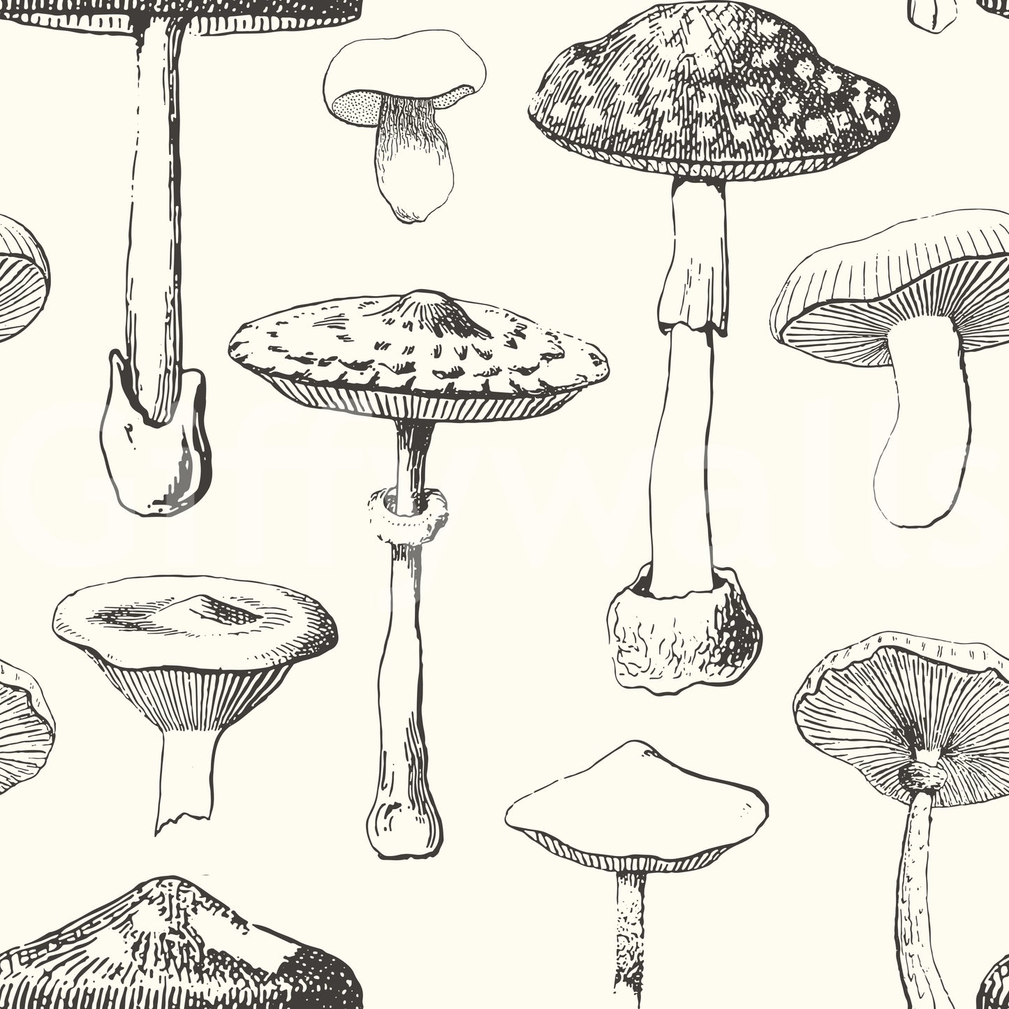Artistic Forest Mushroom Sketch Wallpaper for apartment walls.