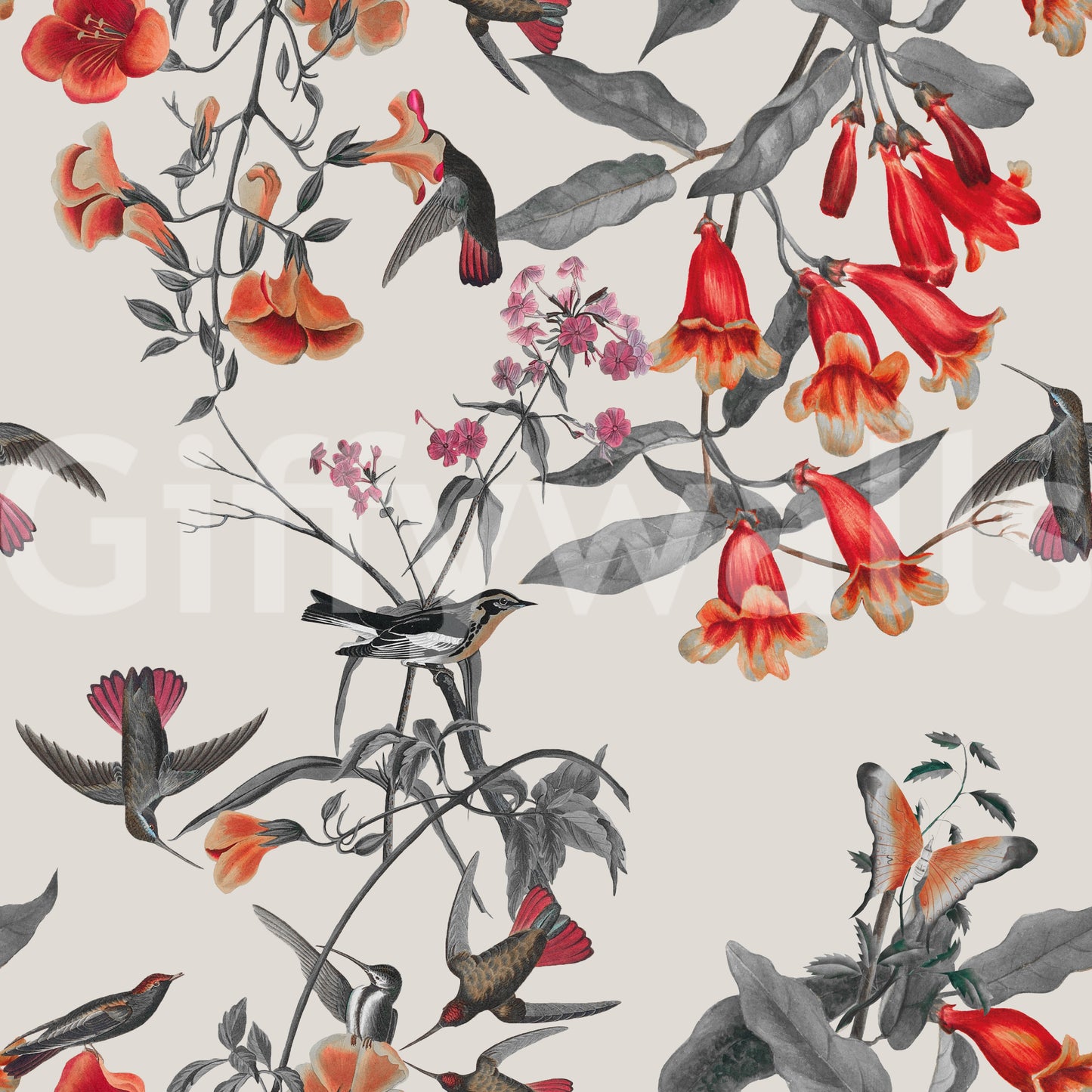 Flowing stems and winged motifs shape Flower Aviary wallpaper beautifully