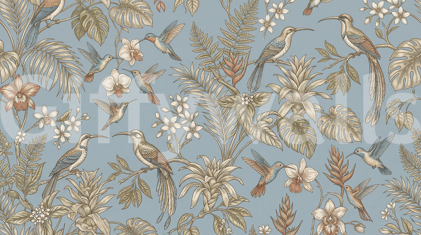 Tropical bird mural with vintage leaves, orchids, and blue tones