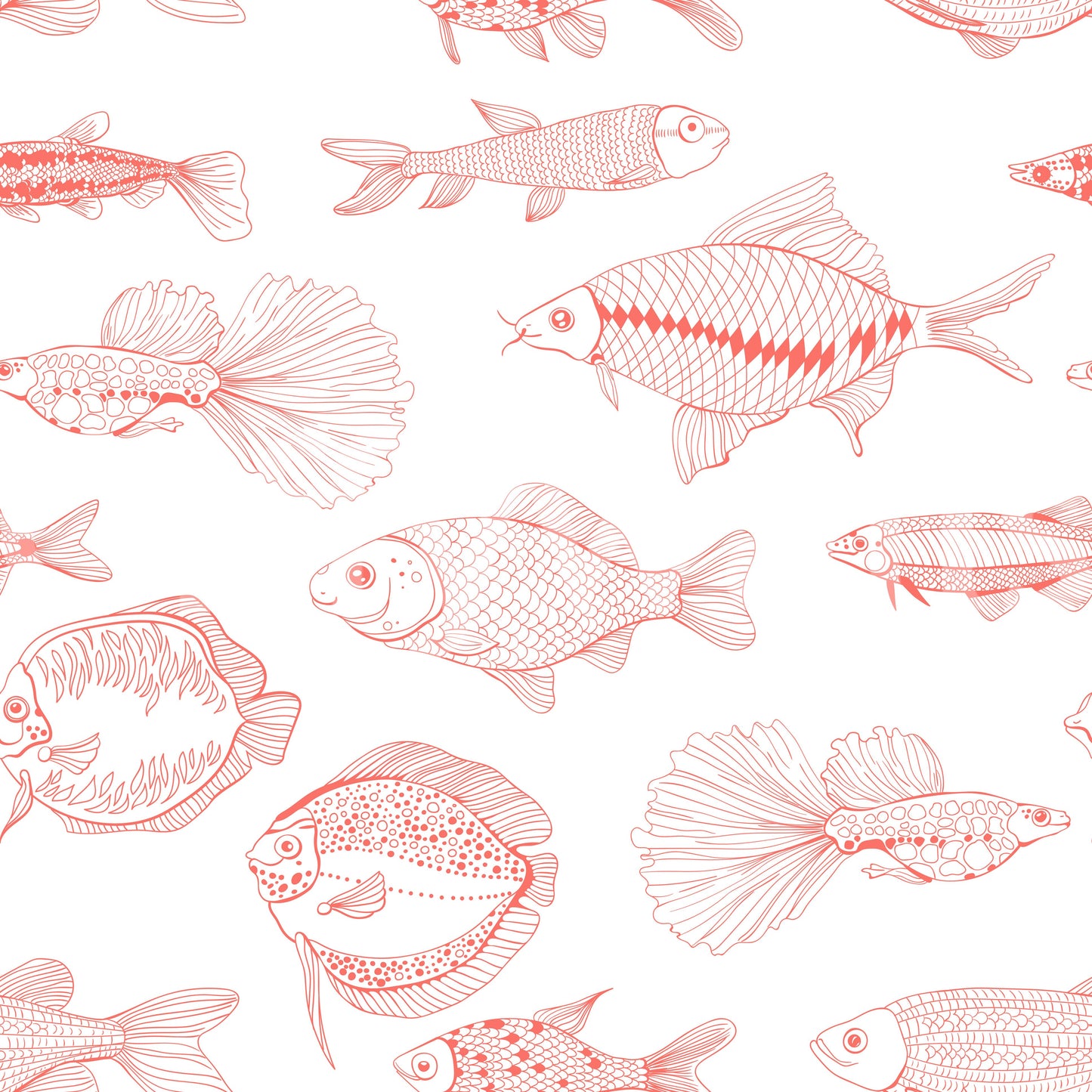 Modern Hand - Drawn Fish Line Art /Coral and White Nautical Pattern Wallpaper
