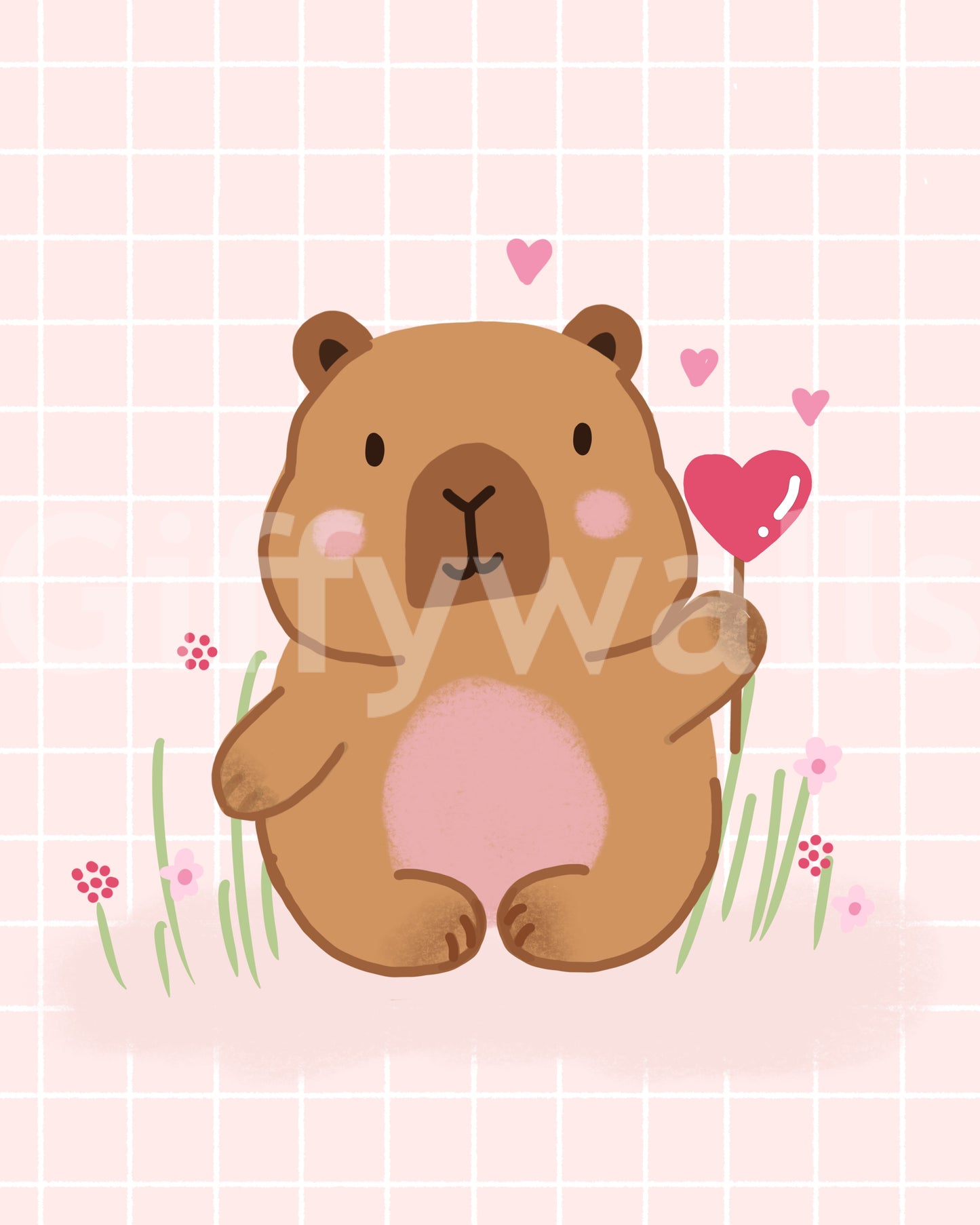 Soft pink, brown, and green palette across Capybara in Love wall mural