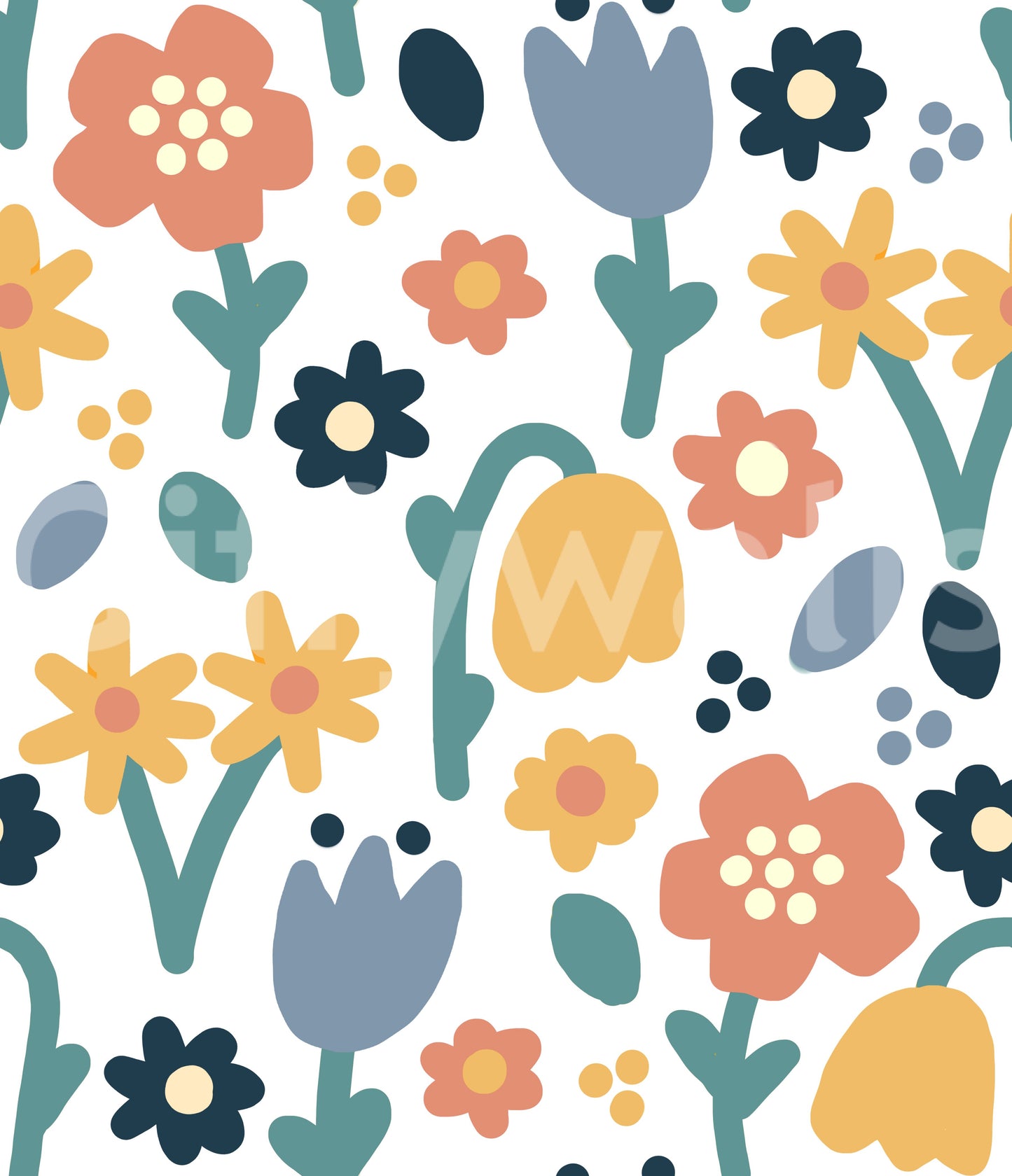 Bell-shaped tulips and round daisies on Playful Meadow wallpaper layout