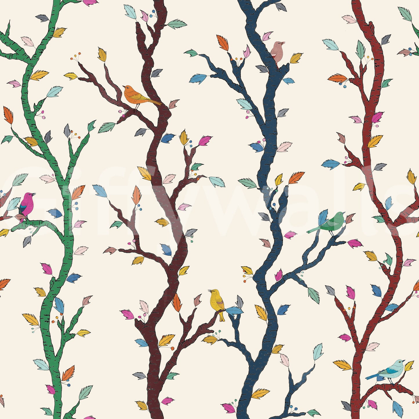 Curved branch lines shape this bird wallpaper with a fun forest pattern