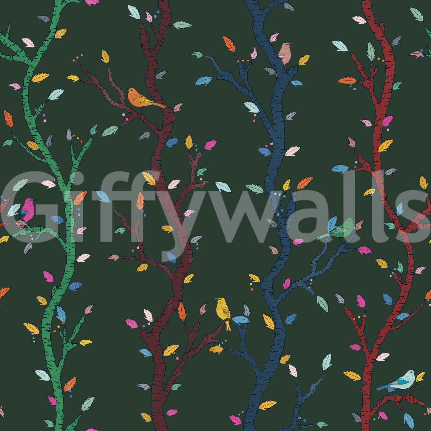 Woodland birds wallpaper featuring scattered leaves and hand-drawn branches