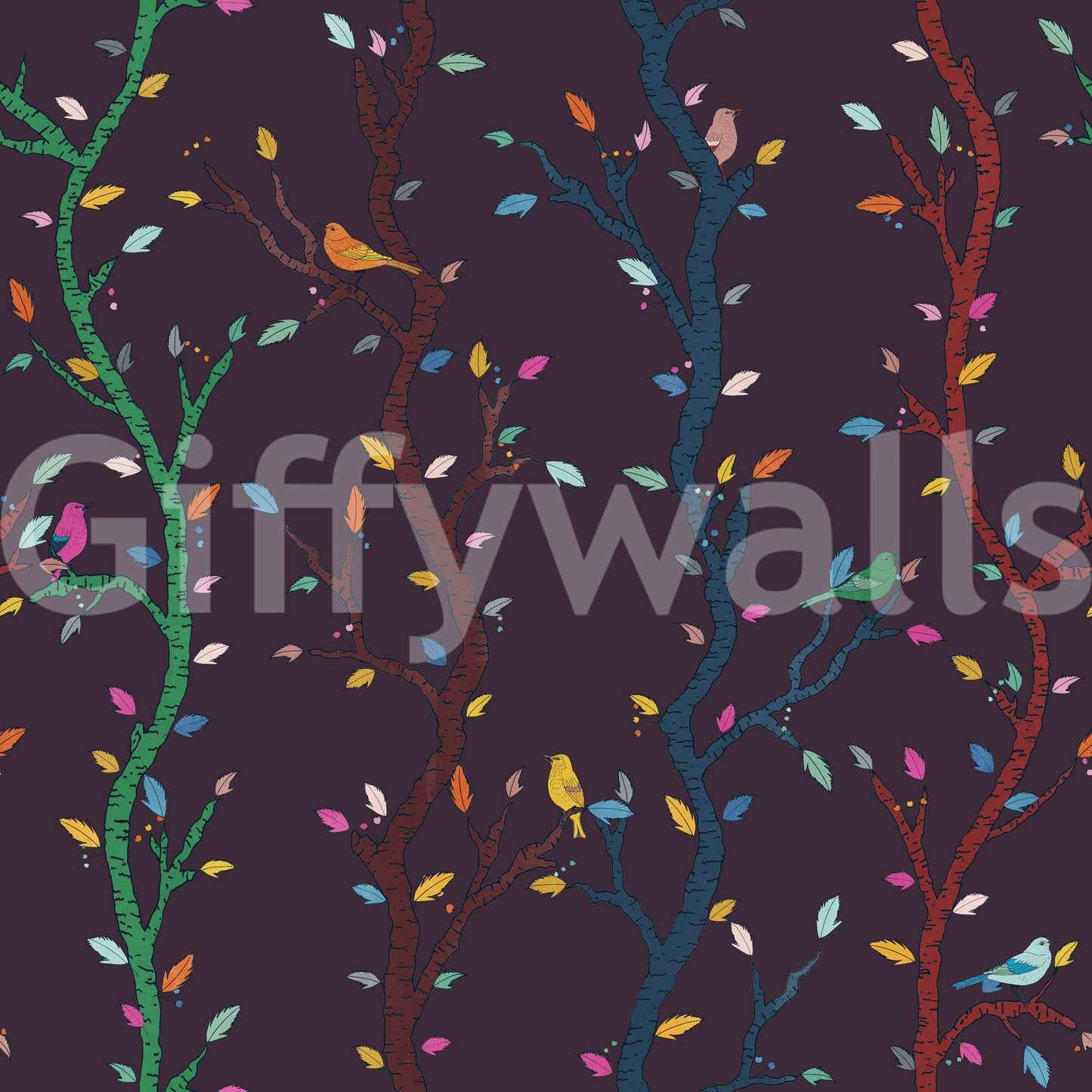 Fine tree forms define this Fuchsia Woodland Wallpaper with colorful accents
