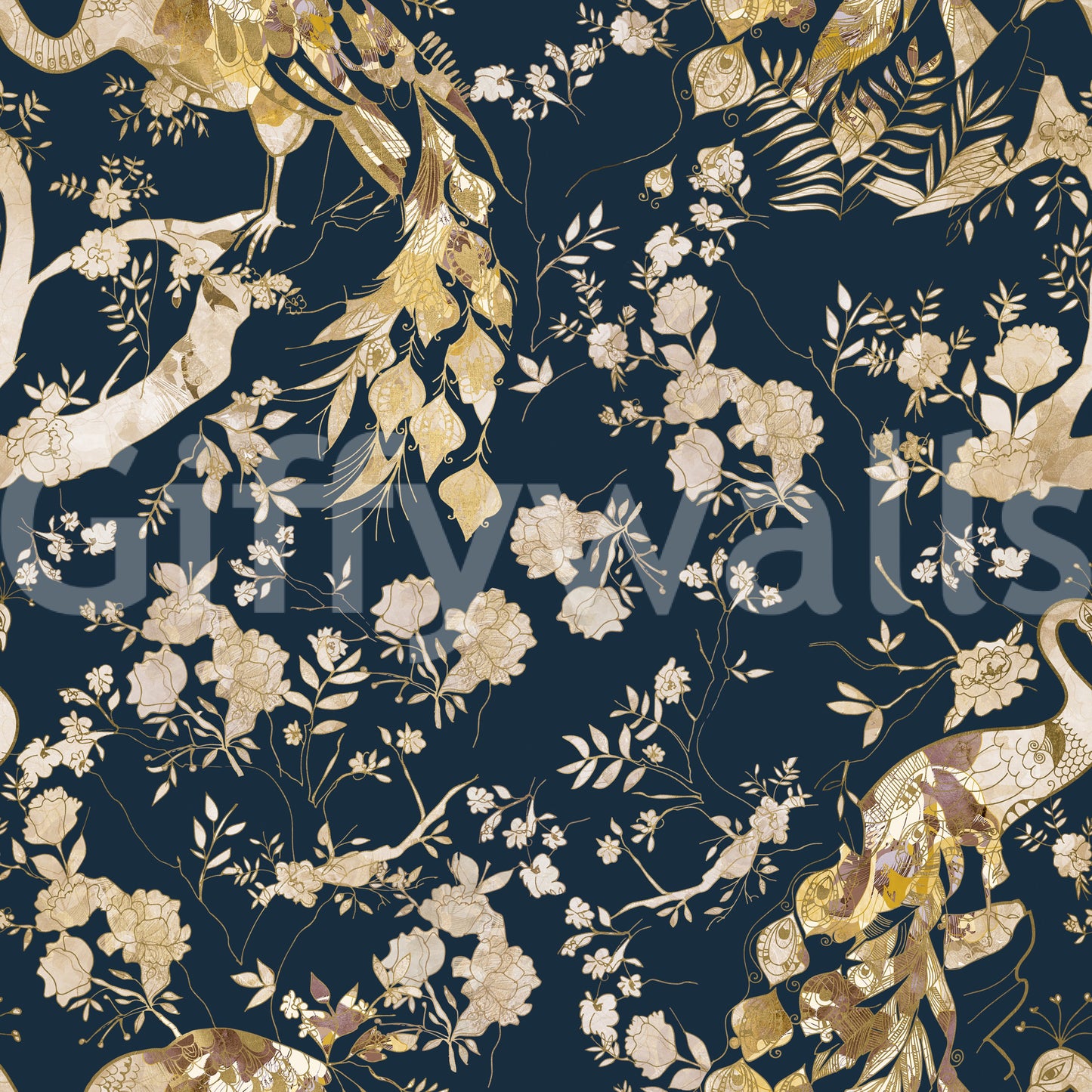 This Peacock Blossom Wallpaper features gold-toned accents on teal