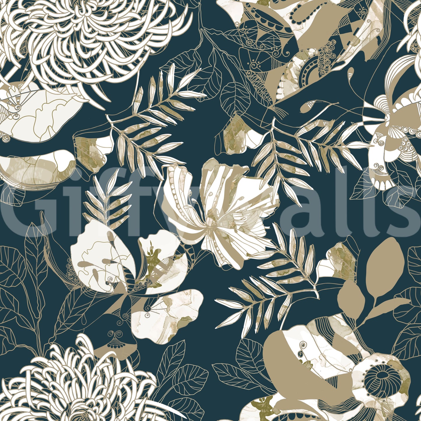 Botanical teal wallpaper with cream blooms and decorative movement