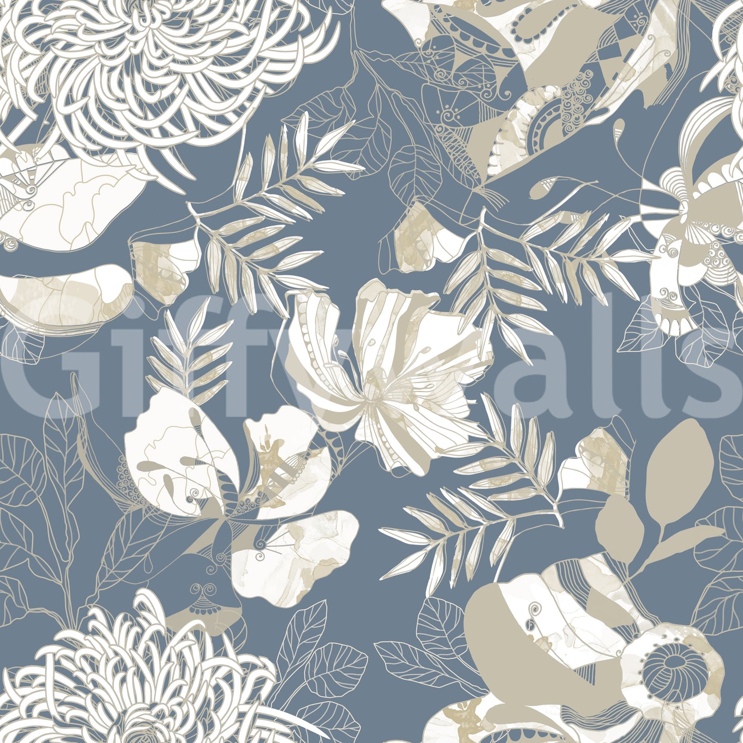 Chrysanthemum motifs join smaller botanical forms on Floral Wallpaper.