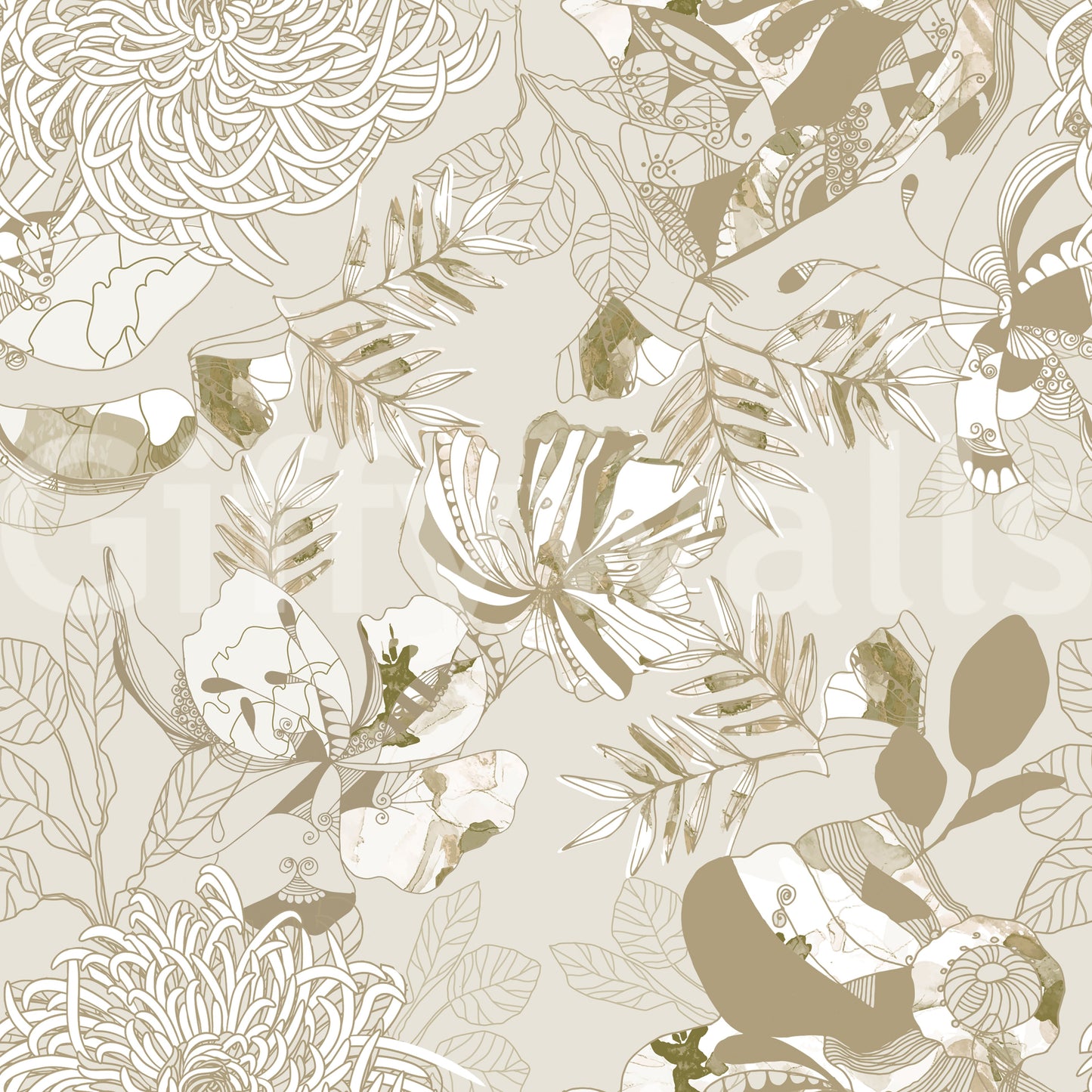 Neutral floral wallpaper featuring oversized blooms and slim curling leaves