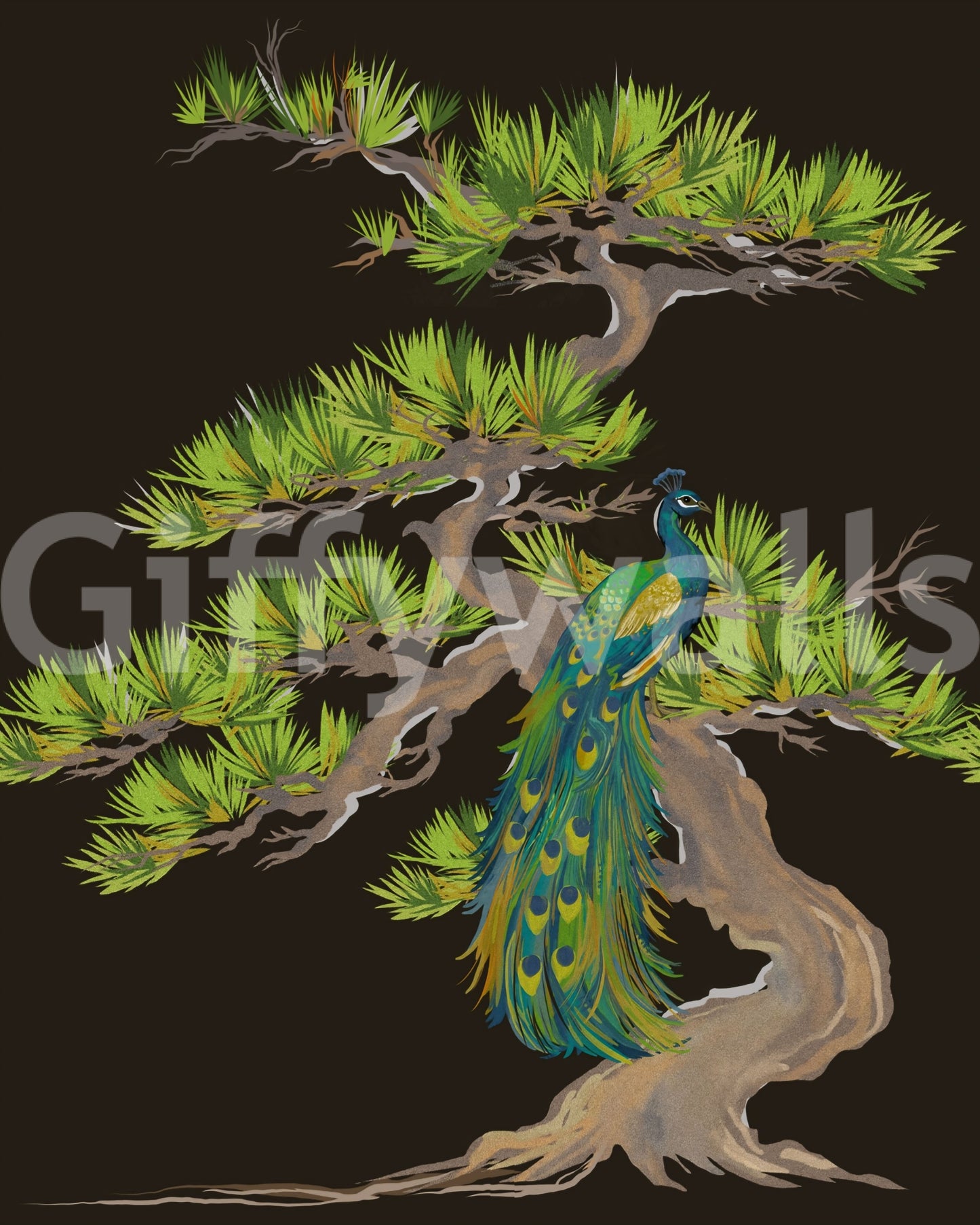 Emerald Peacock on Matsu Pine Japanese style Wall Mural