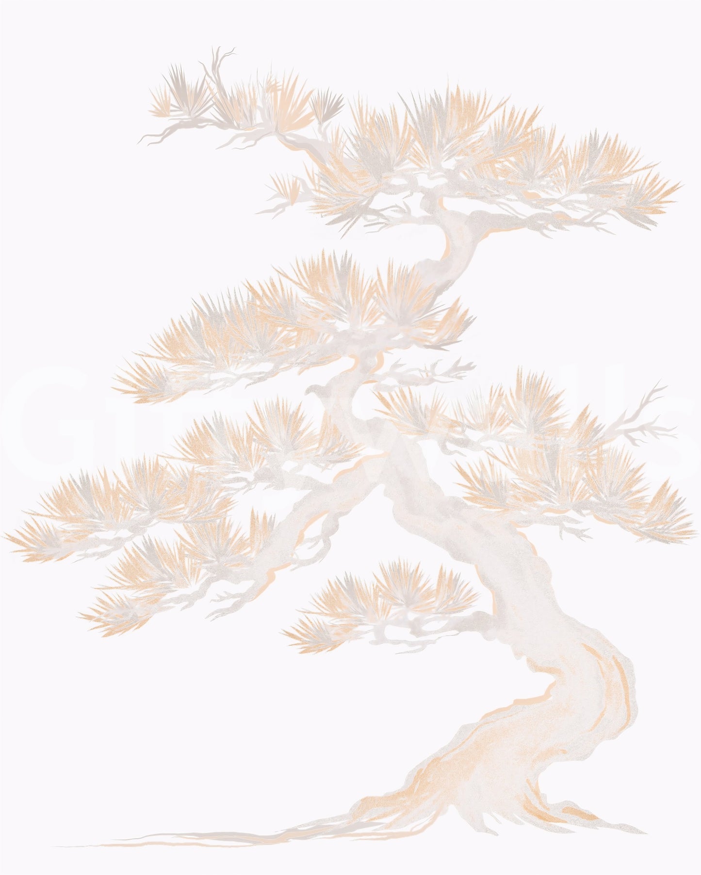 Pastel Japanese pine wall mural showing overlapping branches in warm gold tones