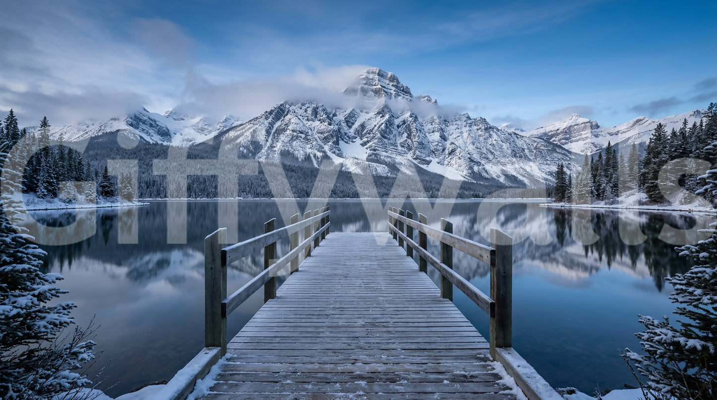 Blue sky and cloud above the mountain in this Winter Lake Serenity wall mural