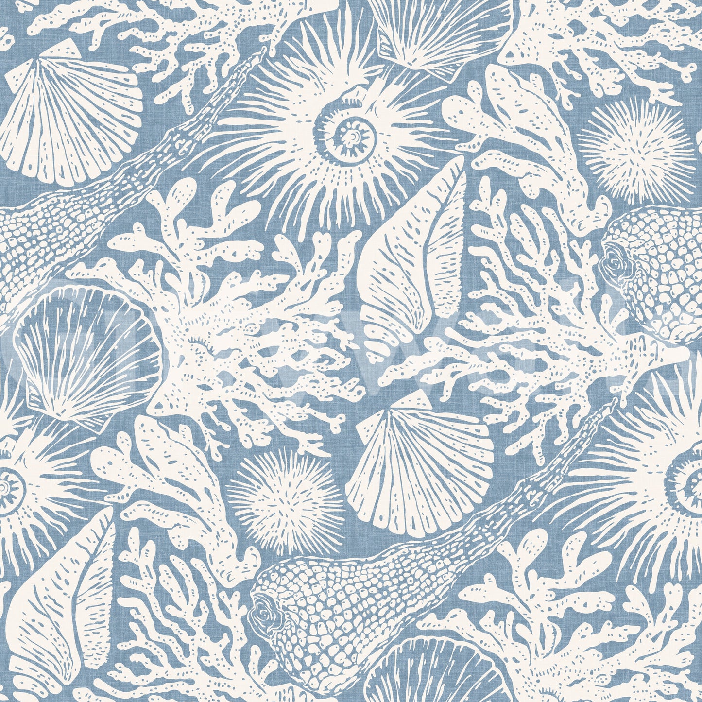 Boho Seashell & Coral Off-White on Azure Wallpaper