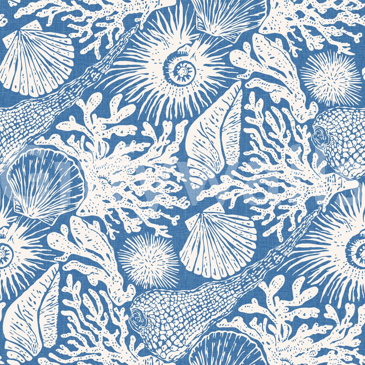 Boho Seashell & Coral Denim Blue Wallpaper