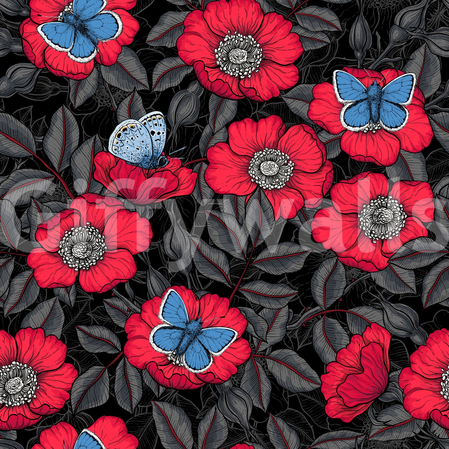 Dog Rose and Butterflies – Red and Blue Floral Colored Line Art on Red Background Wallpaper