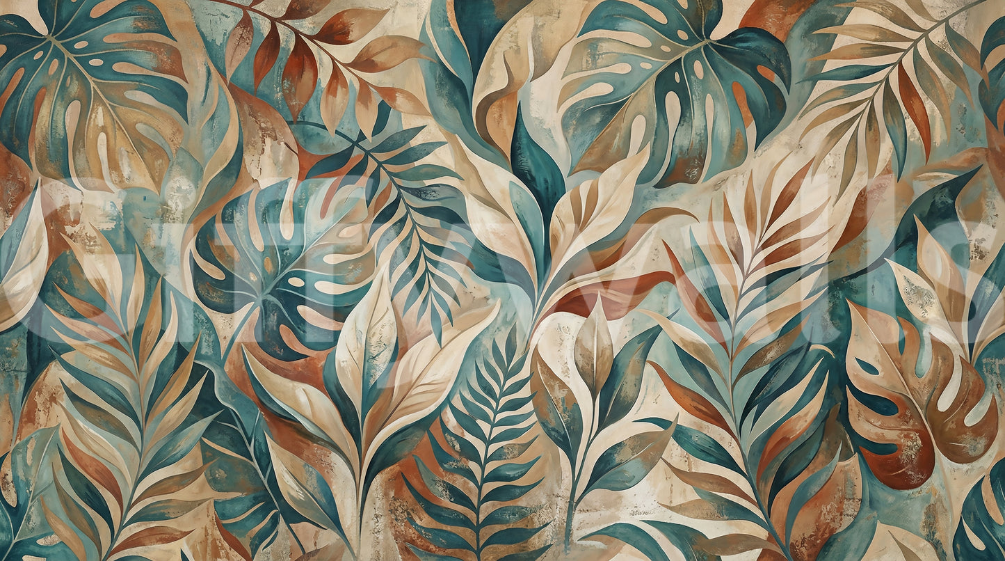 Rich earthy ochre and rusted browns balancing teal tones on tropical foliage wall mural