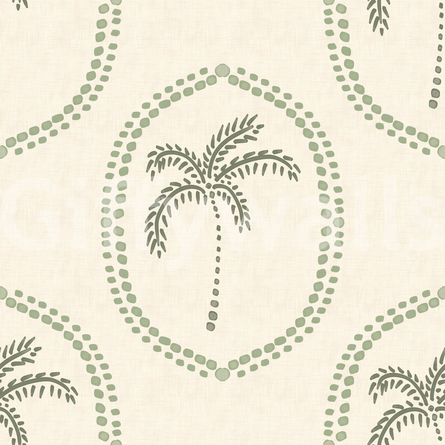 Muted green and cream balance the Palm Oasis Medallion wallpaper.