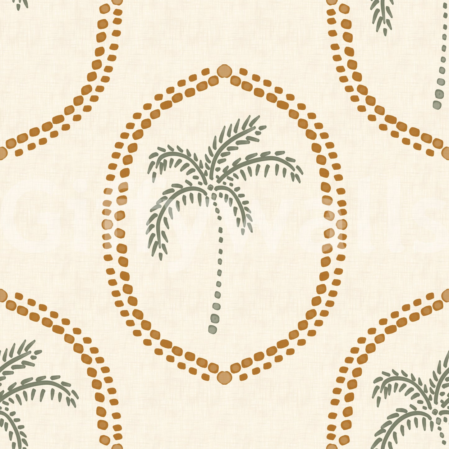 Green palms and gold frames define this beachy boho wallpaper