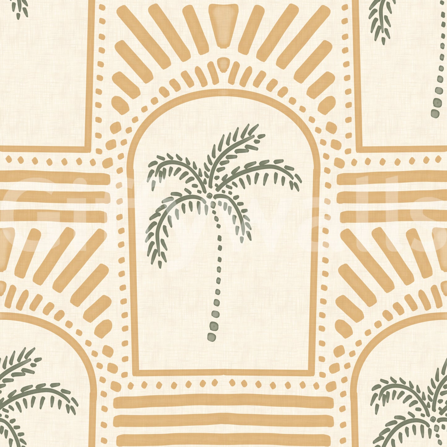 Warm mustard hues stand out on the tropical palm art deco archways wallpaper.