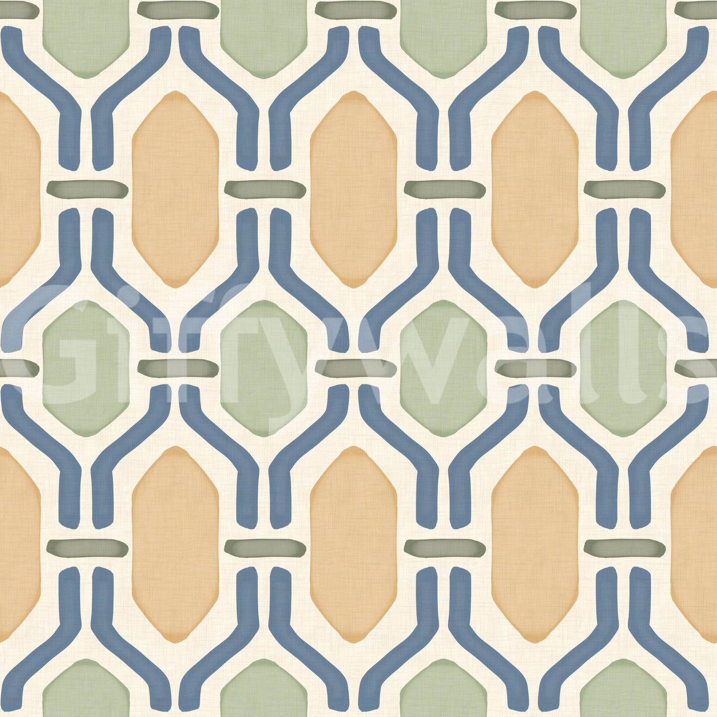 Warm beige and blue outlines blending gracefully on a classic Trellis wallpaper.