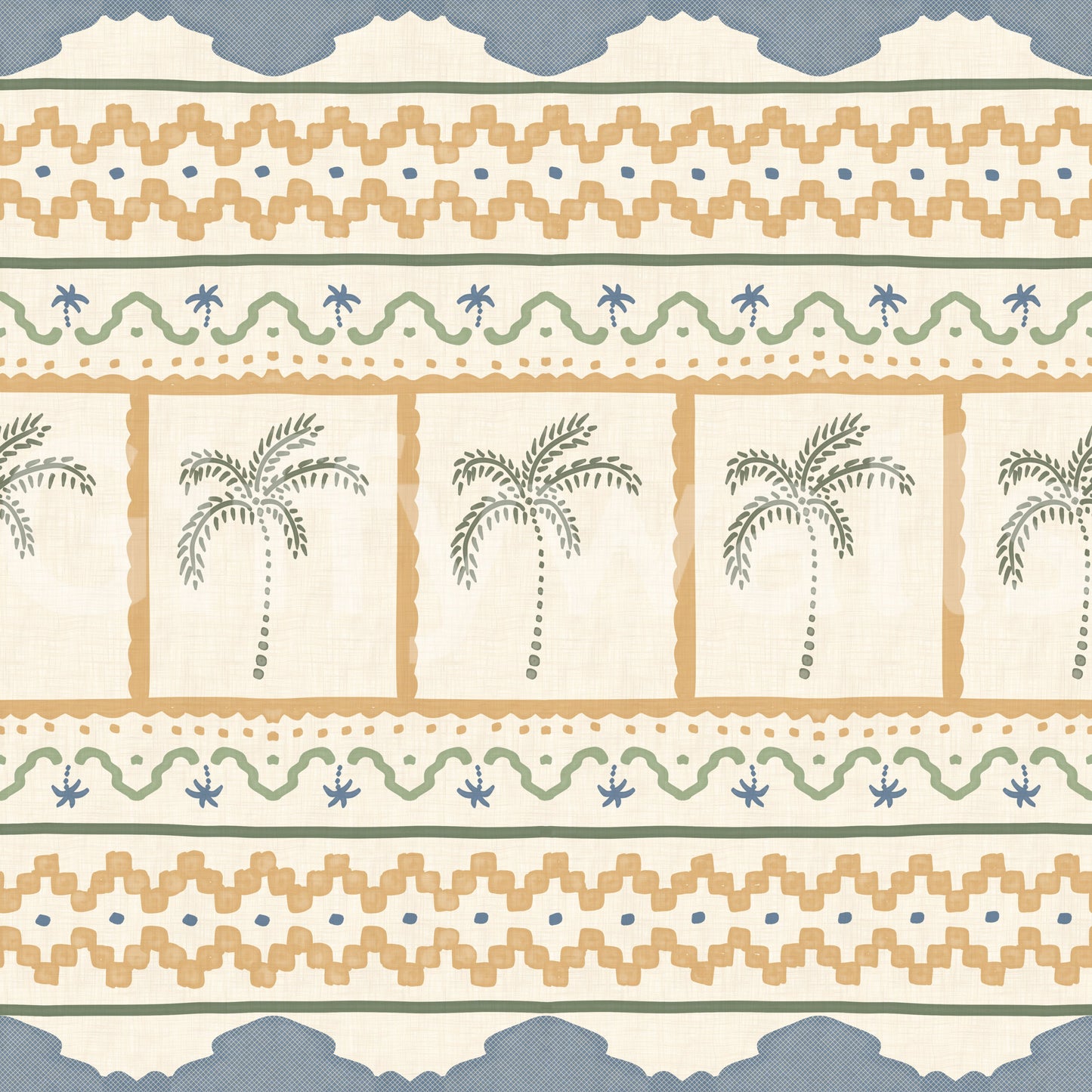 Muted blue and beige tones on the Marrakesh Ornament Textile wallpaper