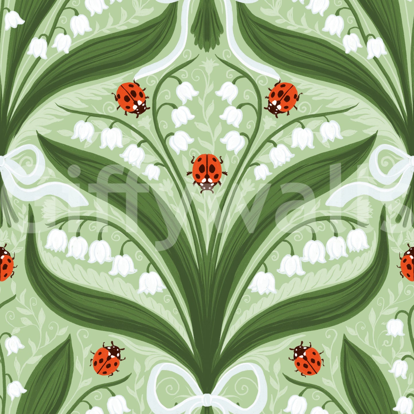 Lily of the valley and ladybugs symmetry in green, white and red 2 Wallpaper