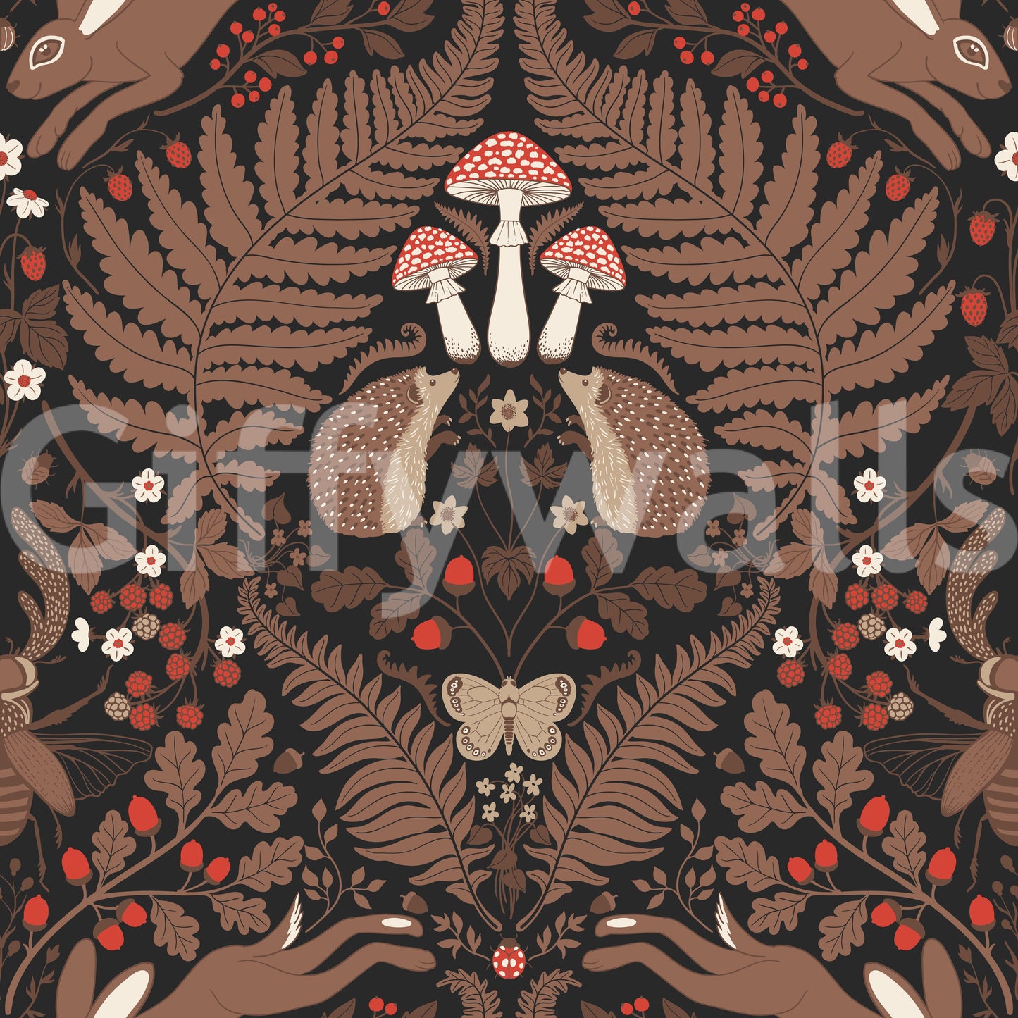 Curling ferns and oak leaves frame the creatures in this brown wallpaper