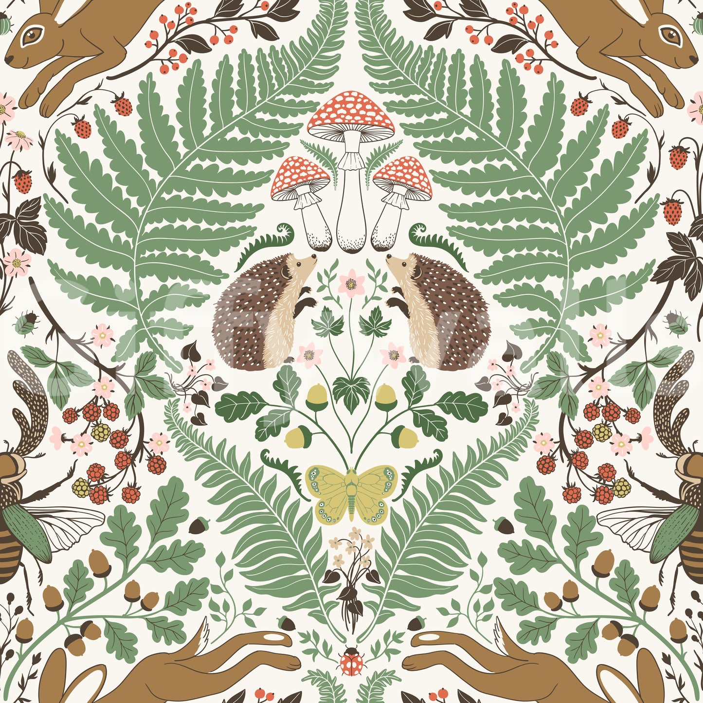 Folk-art woodland wallpaper pairing sage foliage with ochre berry detail