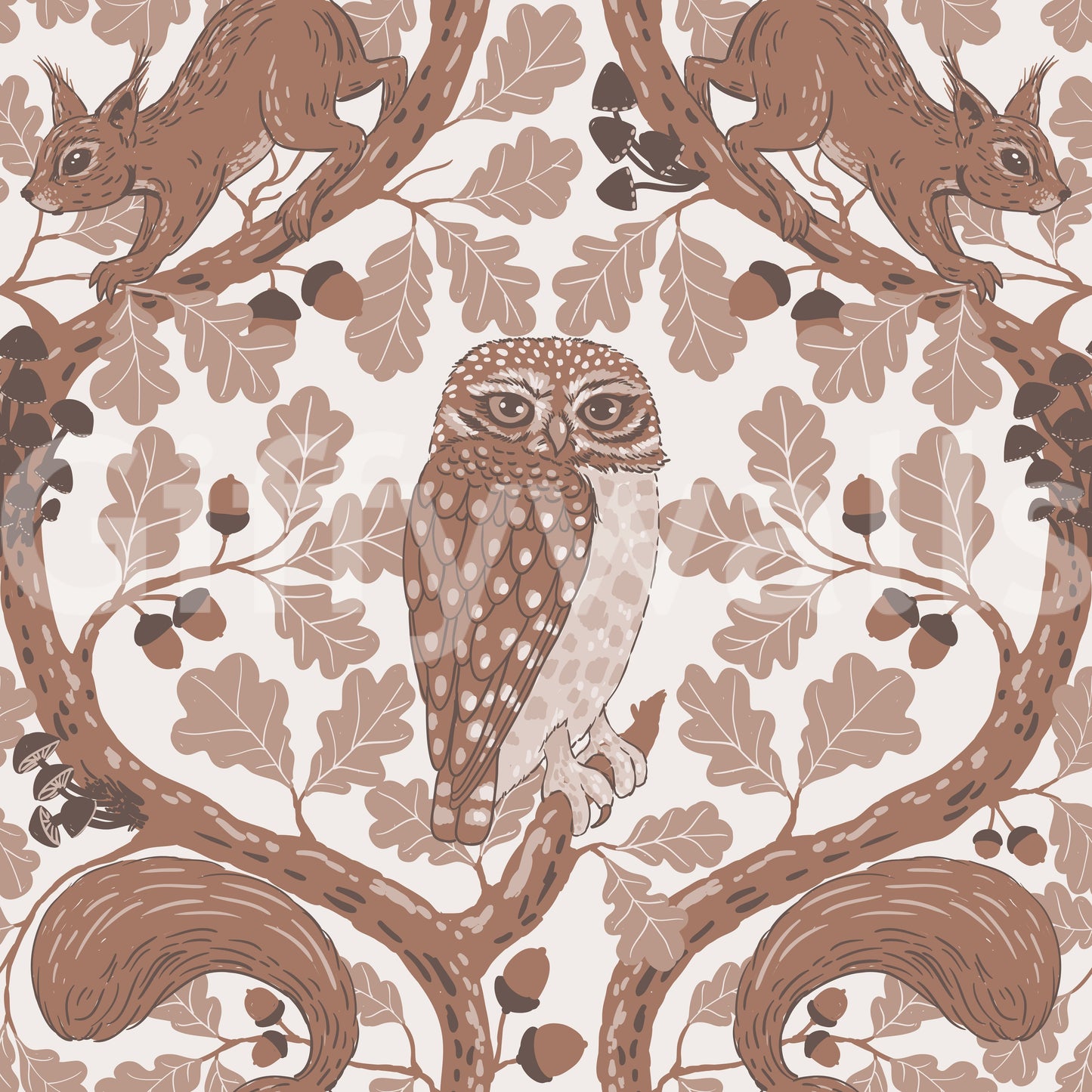 Woodland Whispers/Owls and Squirrels in the Oak/mocha mousse and coffee brown 2 Wallpaper