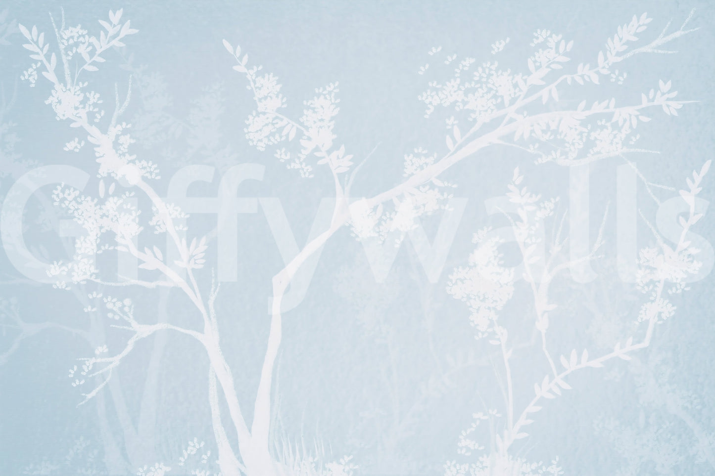 Muted blue and white balance the Ethereal Blue Blossom wall mural.