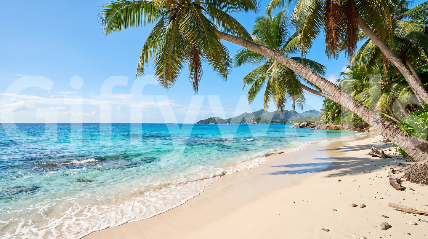 Warm sand tones and cool aqua balance the Beach Paradise wall mural palette