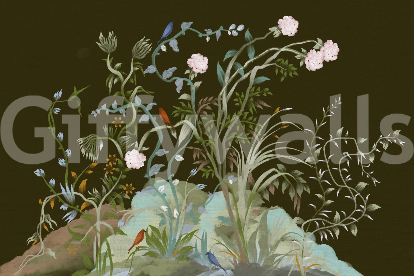 Loose strokes keep leaves and vines looking grown in this chinoiserie wall mural