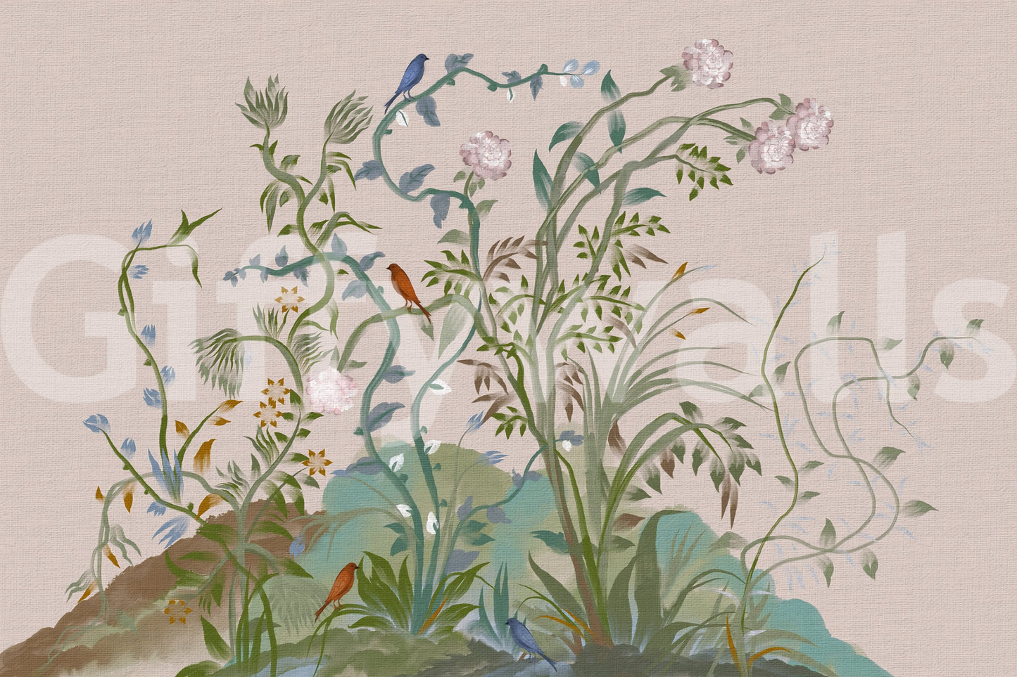 Faded side sprigs trail off one edge of the oriental botanical wall mural