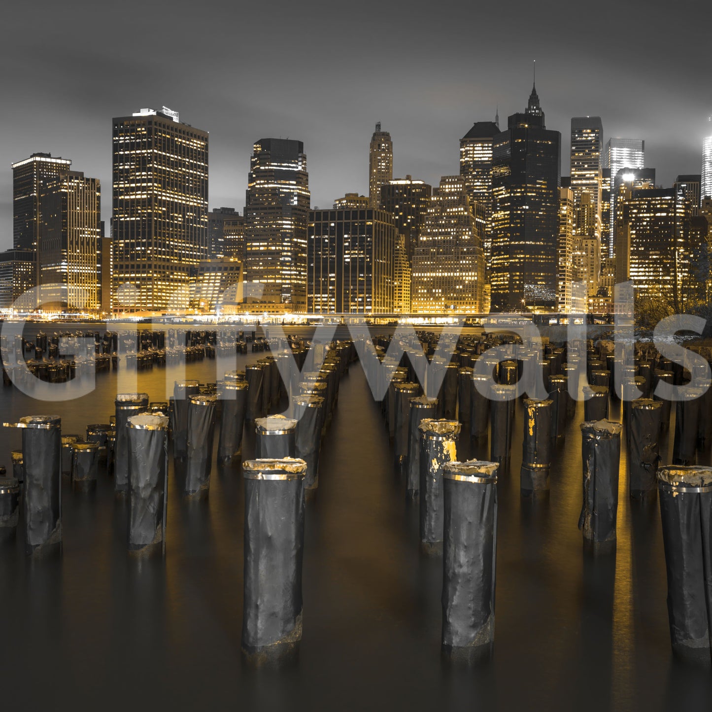 Golden Skyline Contrast wall mural reflecting building lights on rippled water
